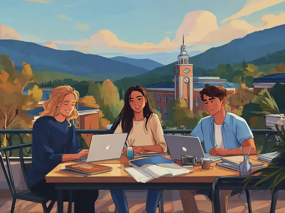 Three people work on laptops at a balcony table while learning languages against a scenic mountain backdrop.