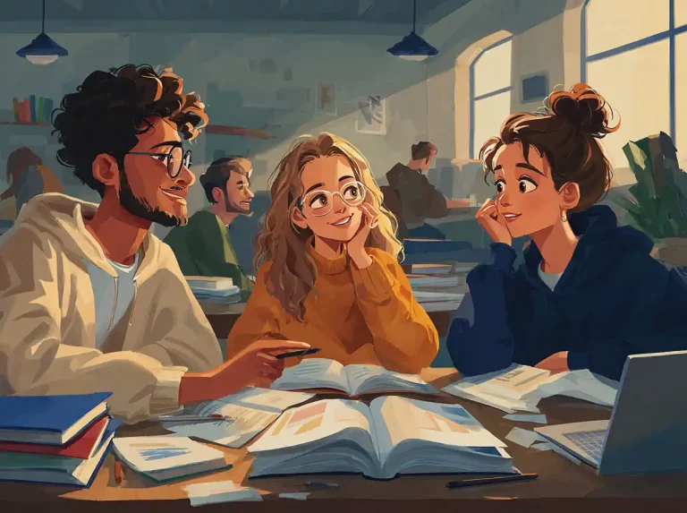 A trio of students smiles while leaning over textbooks for learning languages in a bright room.