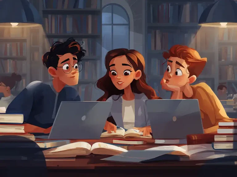 Three students use individual laptops and books for learning languages at a shared desk.