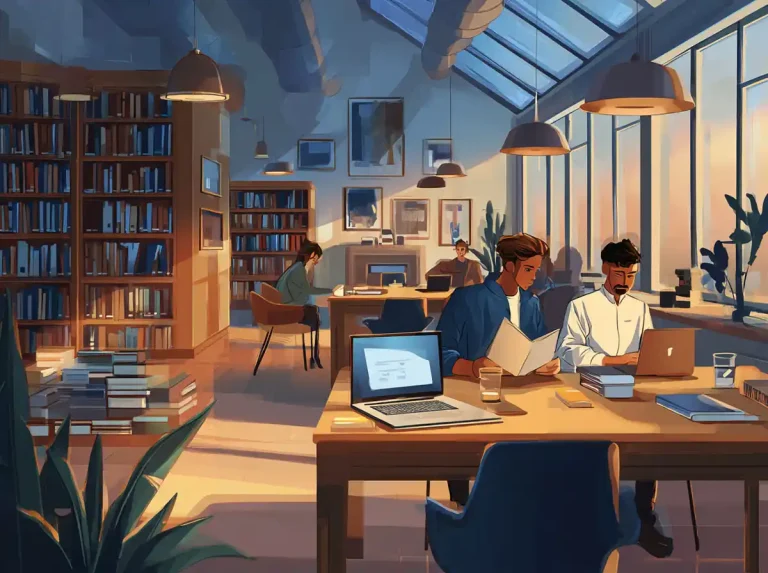 Two students sit at a desk in a sunlit modern study space to learn languages on their laptops.