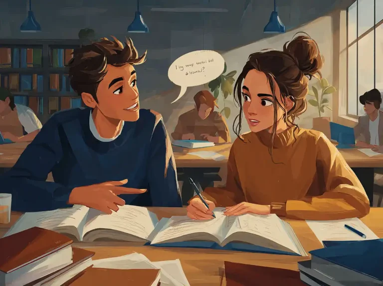 Two students talk to each other while sitting at a library table and learning languages.