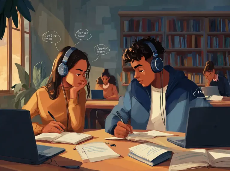 Headphones are worn by students taking notes while learning languages at a table in a dimly lit library.