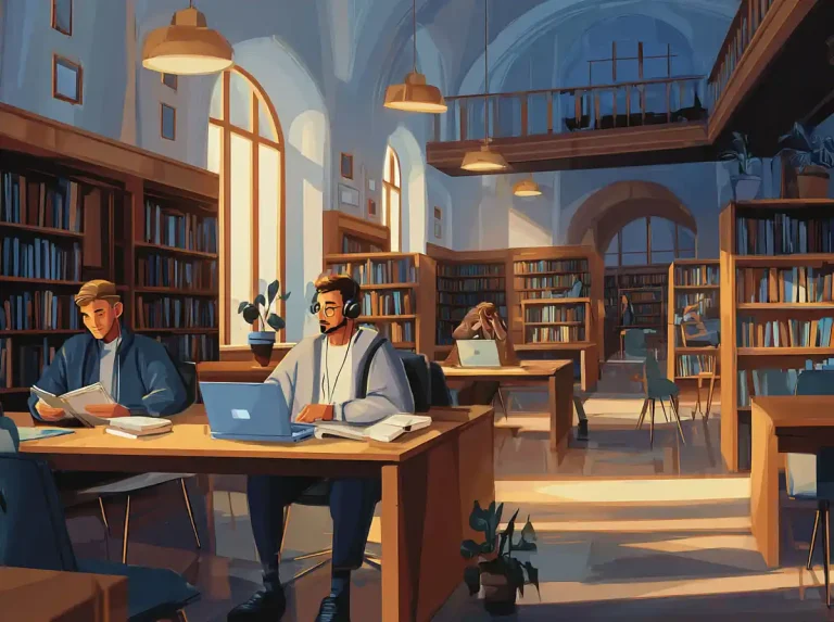 Two students study at separate desks in a bright library hall while learning languages.