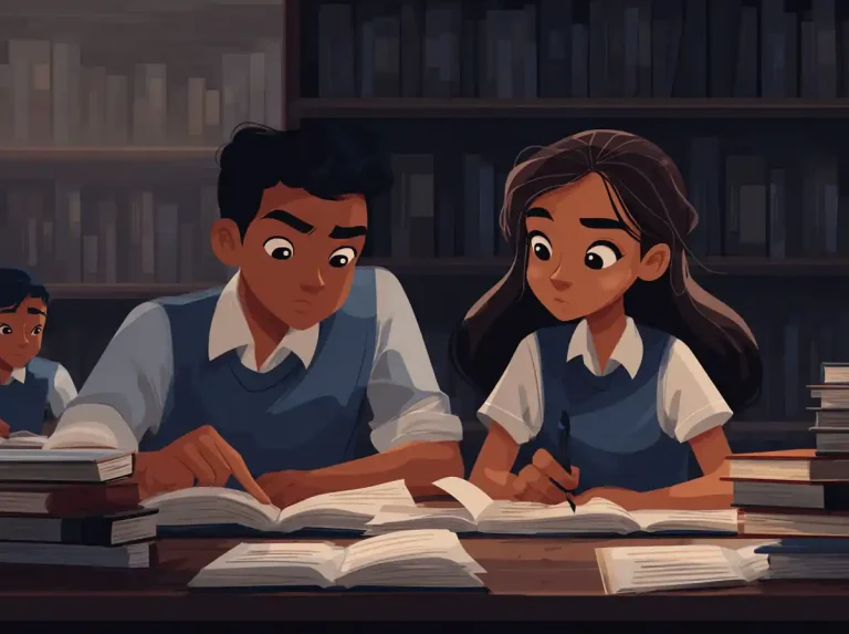Two young students in blue vests sit at a desk and read books to learn languages together.