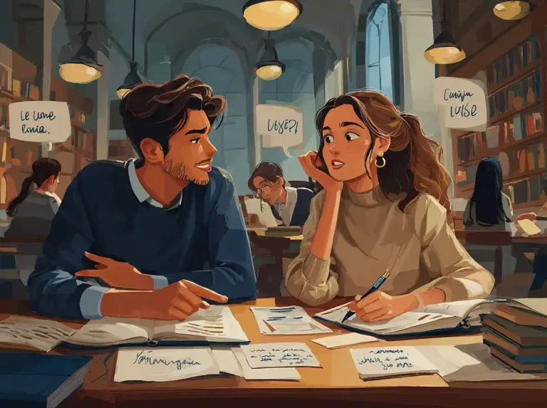 Two students look at each other and speak while sitting at a desk and learning languages.