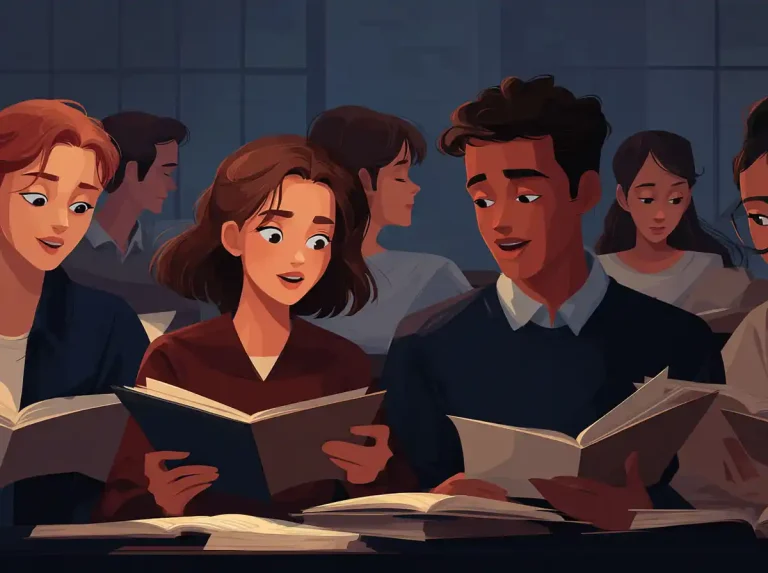 Two young students look at an open book together while learning languages in a large study hall.