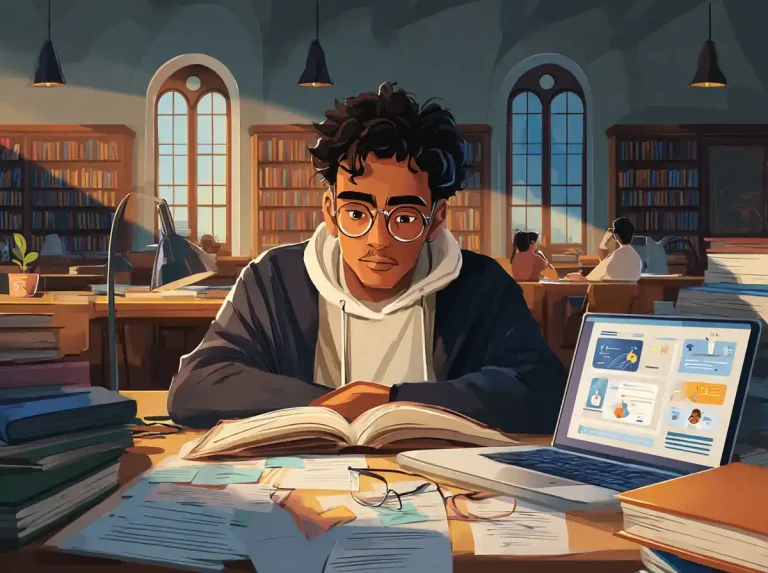 A young man with curly hair and glasses looks at an open textbook to learn languages.