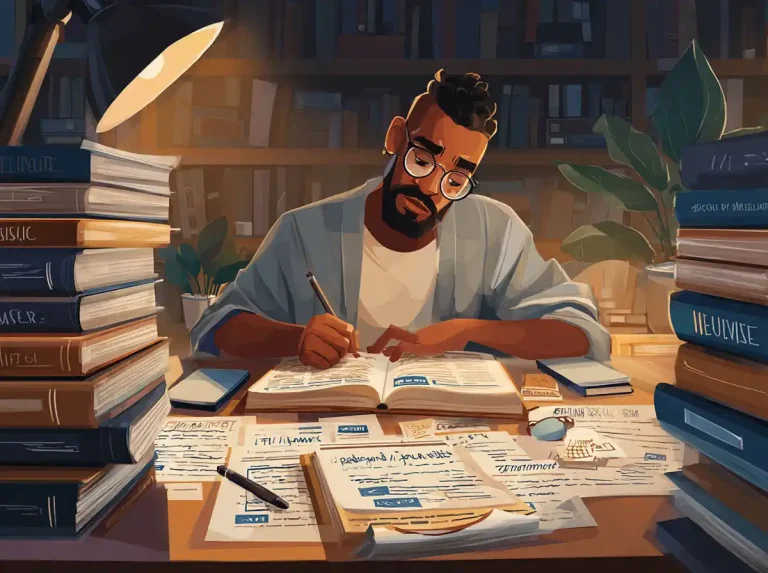 A bearded man writes in a large book for the purpose of learning languages at a messy desk.