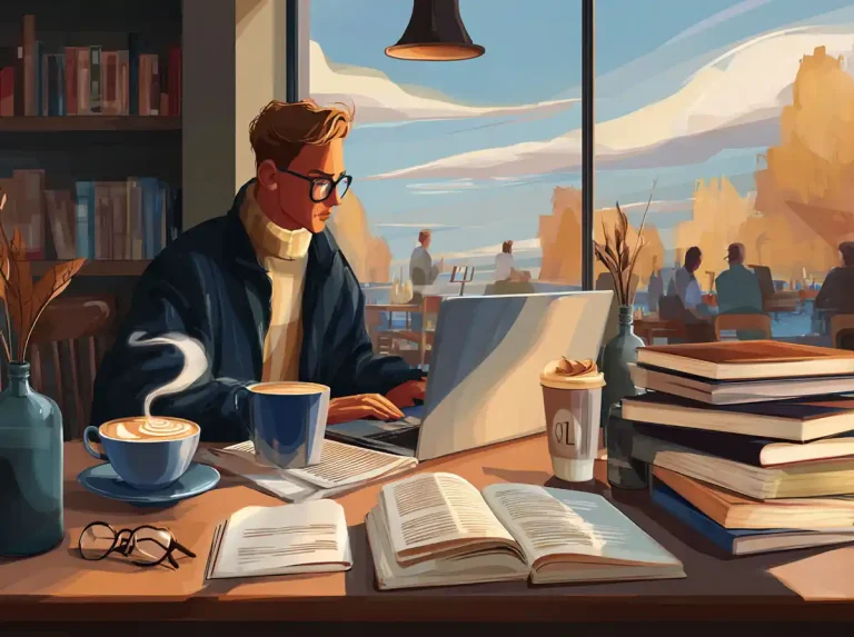 A man with glasses types on a laptop while learning languages at a cafe table with book stacks.