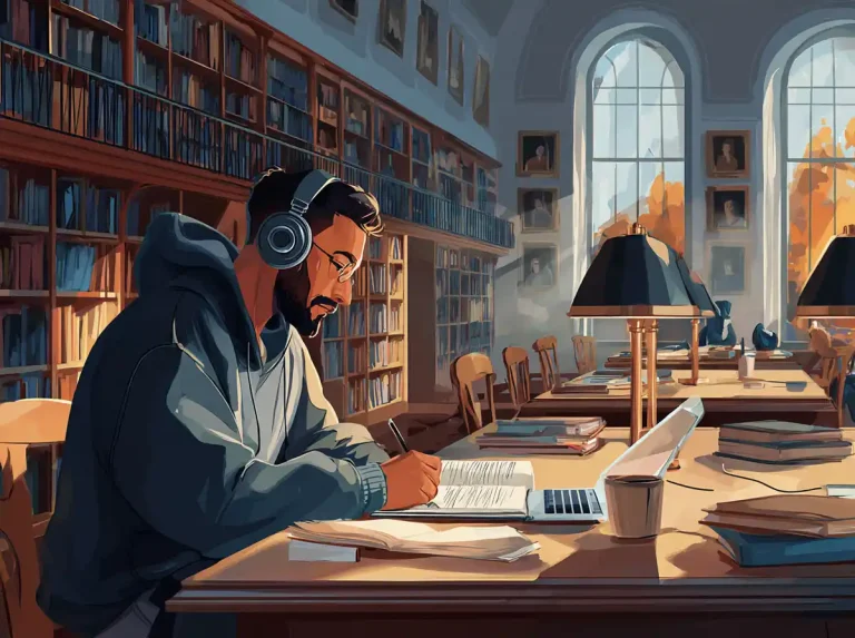 A bearded man with glasses studies a book to learn languages at a desk with a warm lamp.