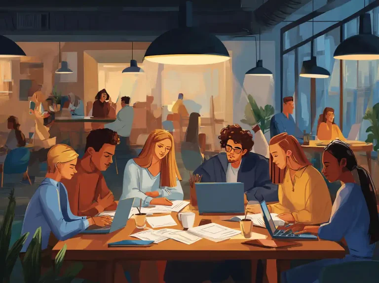 New vocabulary is studied by a group of students using laptops in a library with sunset views.