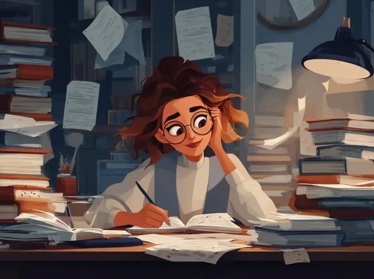 A woman with glasses writes in a notebook at a desk covered in papers while learning languages.