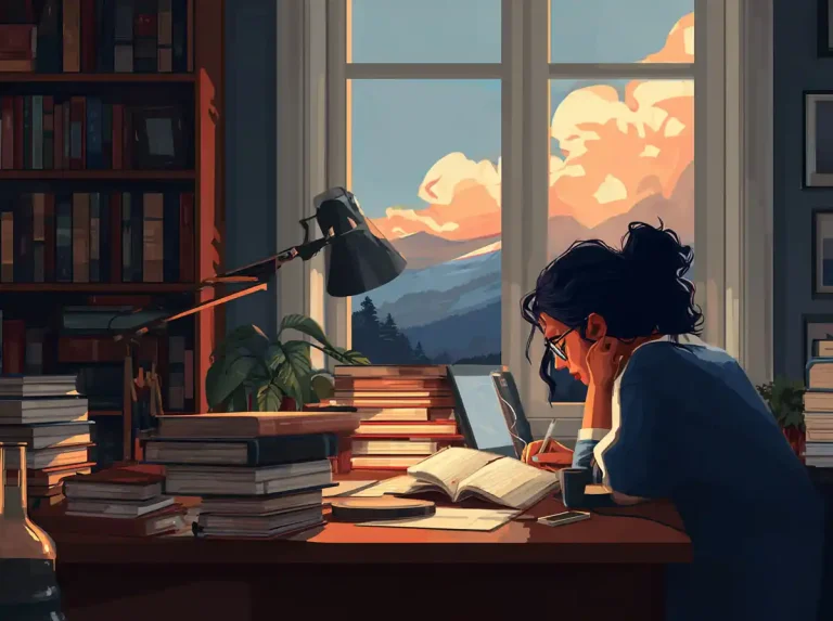A woman sits at a desk by a window with mountain views while learning languages from books and a laptop.