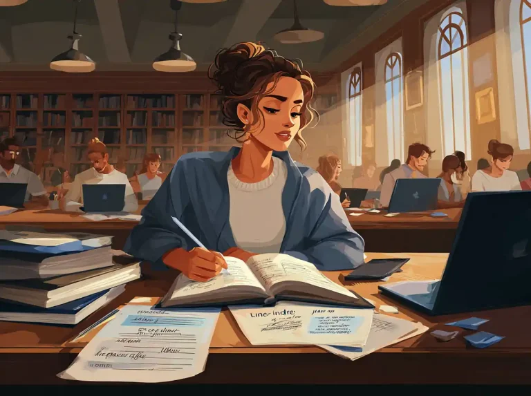 A woman writes in her book at a long table in a library with other students learning languages.