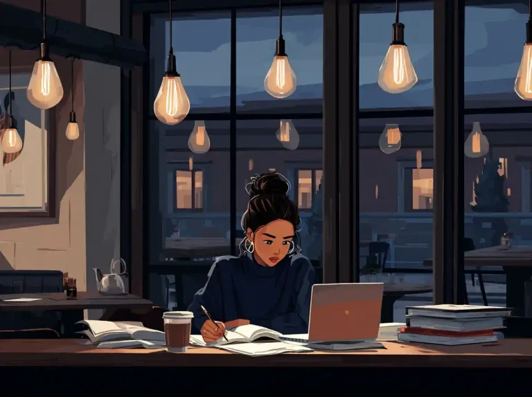 A woman with a bun works on her laptop to learn languages in a café lit by pendant lights.