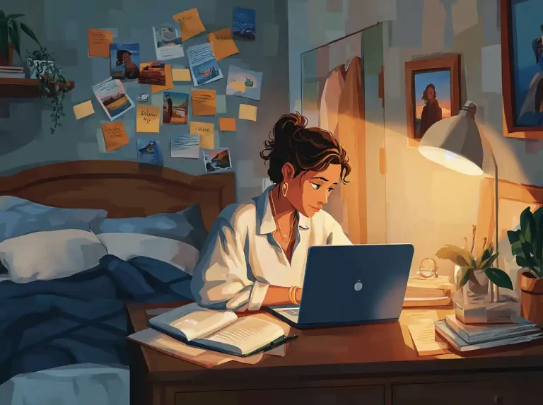 A young woman uses her laptop for learning languages at a warm, lit desk at home.