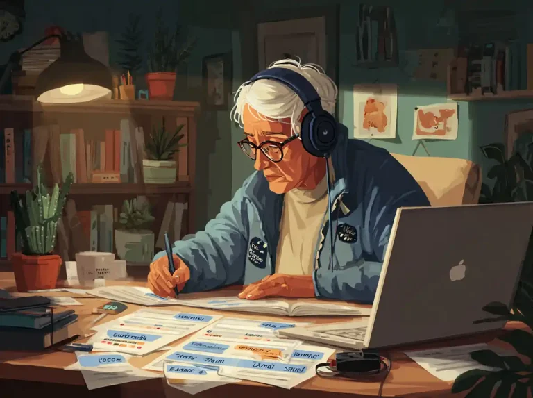 An older woman wearing headphones writes notes for learning languages at a messy desk.