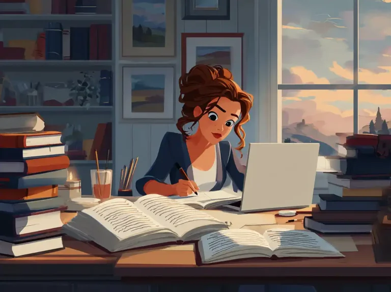 A young woman writes in her notebook while learning languages at a desk with a sunset view.