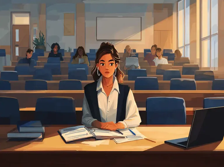 A woman sits alone in a large lecture hall with a laptop and notebook to learn languages.