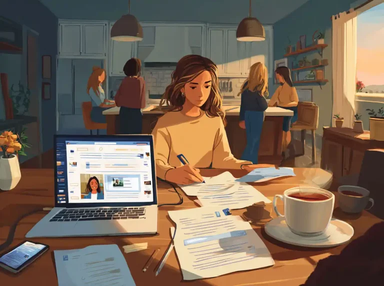 A student takes notes for learning languages while sitting at a kitchen table with a laptop and coffee.