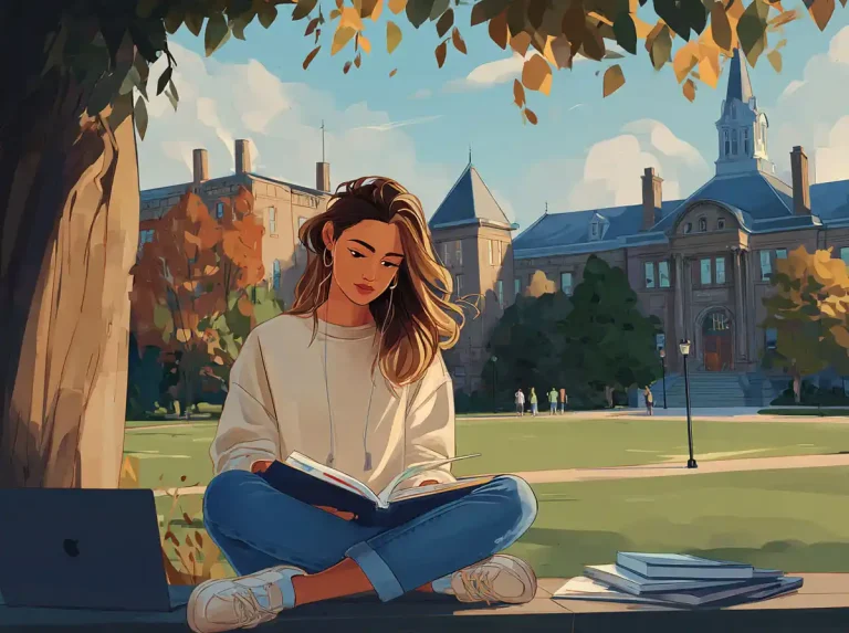 A young woman sits near the library steps reading a book for the purpose of learning languages.