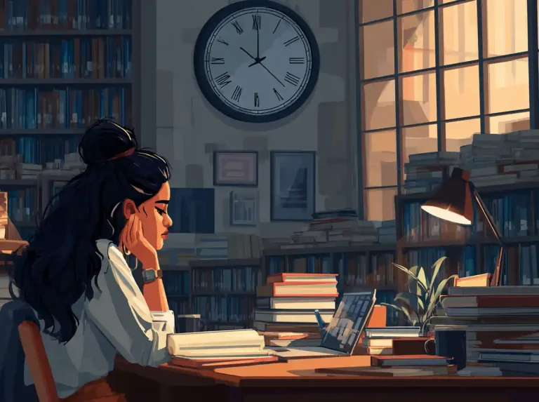 A woman with dark hair studies at a desk in a library with a large wall clock while learning languages.