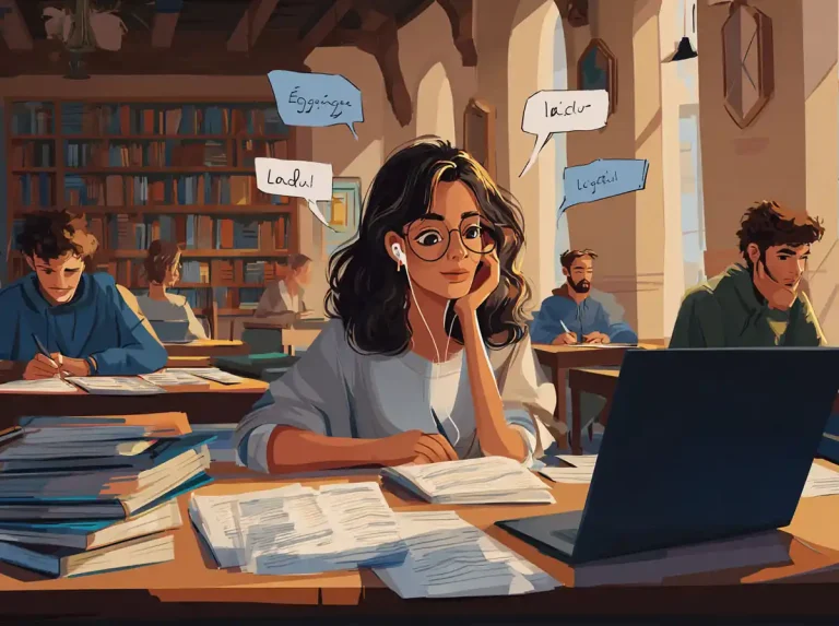 A woman with glasses and headphones looks at a laptop while learning languages.