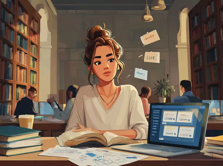 A woman looks up thoughtfully while reading a book to learn languages in a library.