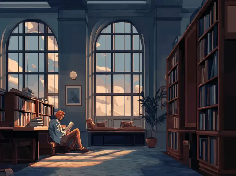 A woman sits on a library bench reading a book for the purpose of learning languages.