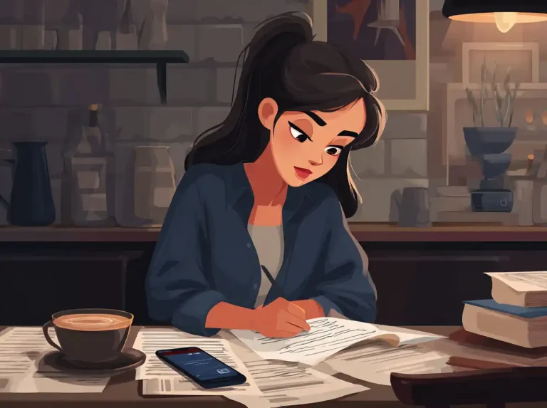 A young woman writes in a notebook while learning languages at a desk.