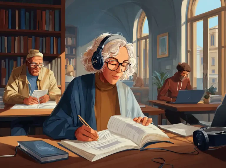 A woman with her hair in a bun writes in a notebook while learning languages at a desk.