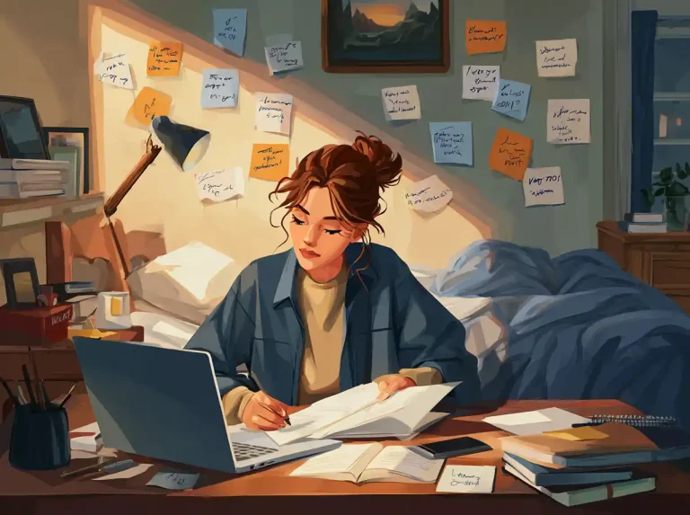 A student writes in a notebook to learn languages at a desk in her bedroom.