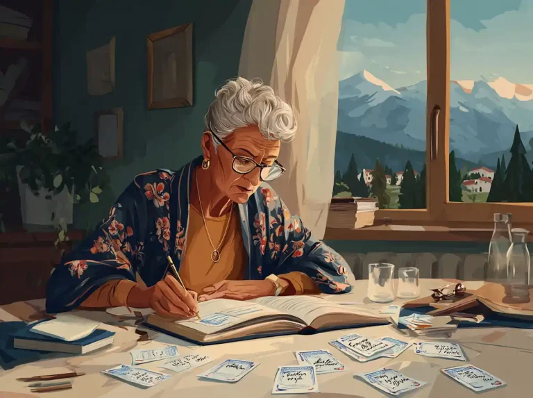 A woman uses flashcards and a textbook for learning languages while sitting near a window with mountain views.