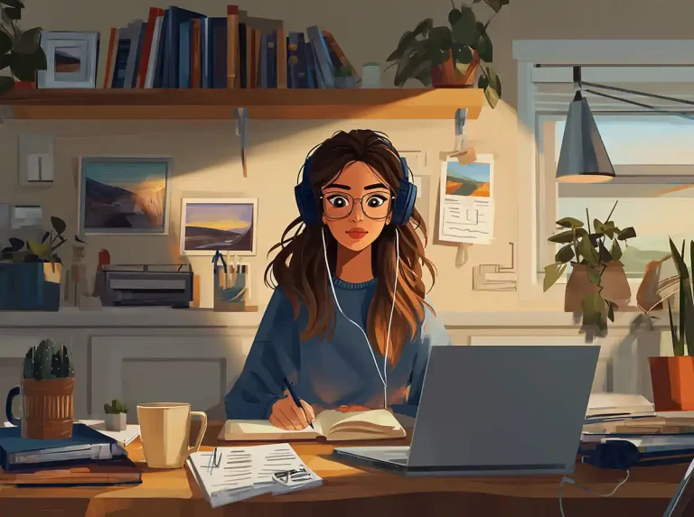 A woman wearing headphones and glasses writes in a notebook while learning languages at a sunny desk.