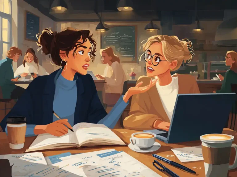 Two women wearing earrings discuss their lessons for learning languages at a shared table.