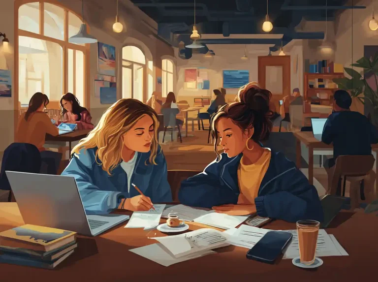 Two women look at a smartphone and textbooks while learning languages together at a café table.