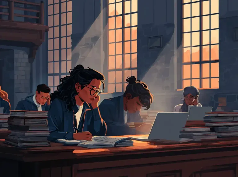 Several students sit at long tables in a sunlit library while focused on learning languages with books.