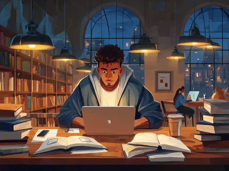 A young man in a hoodie focuses on a laptop screen while learning languages in a library.
