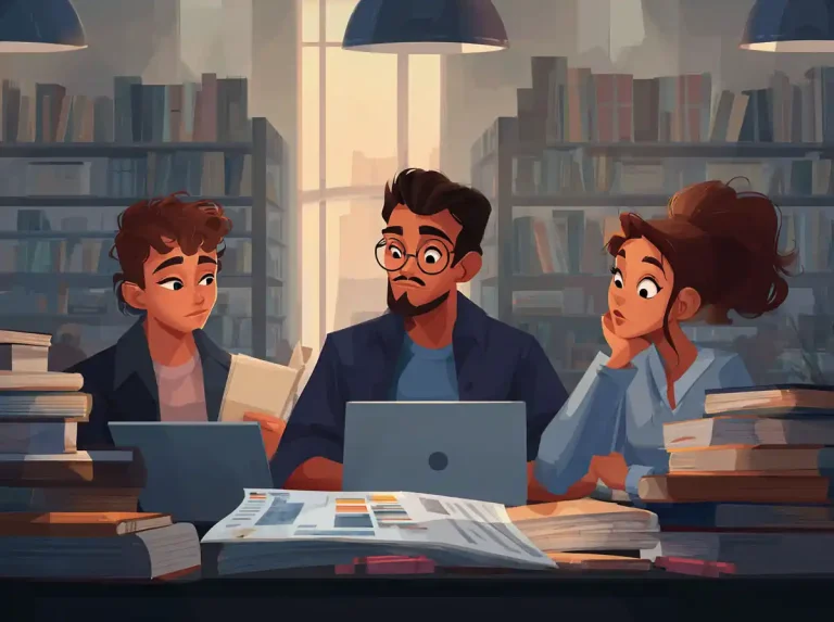 A library workspace is shared by three students as they use a laptop for learning languages.