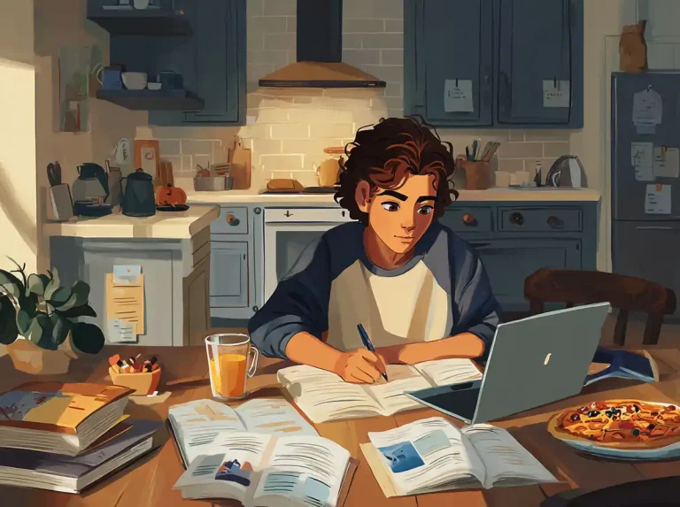 A young girl sits at a kitchen table with pizza while learning languages on her laptop.