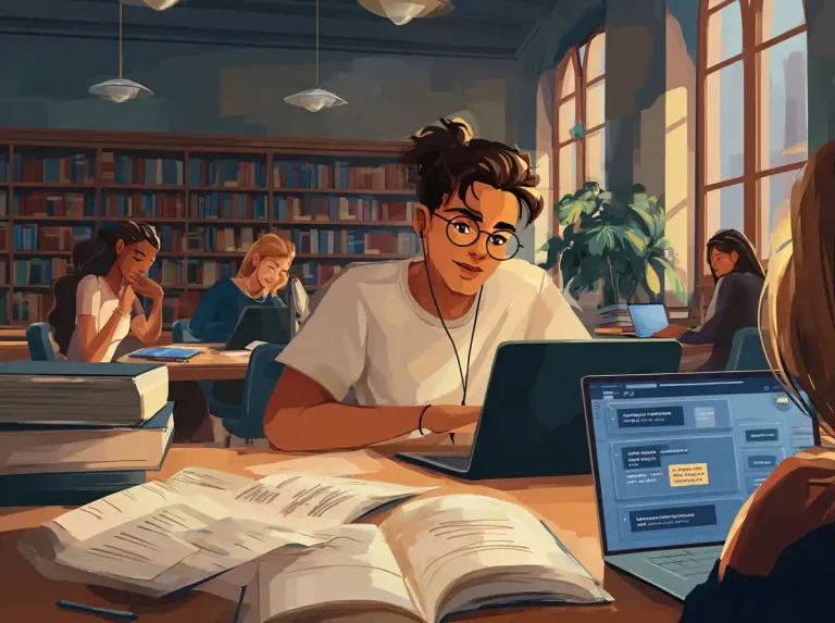 A young man with glasses and a bun types on his laptop while learning languages in a library.