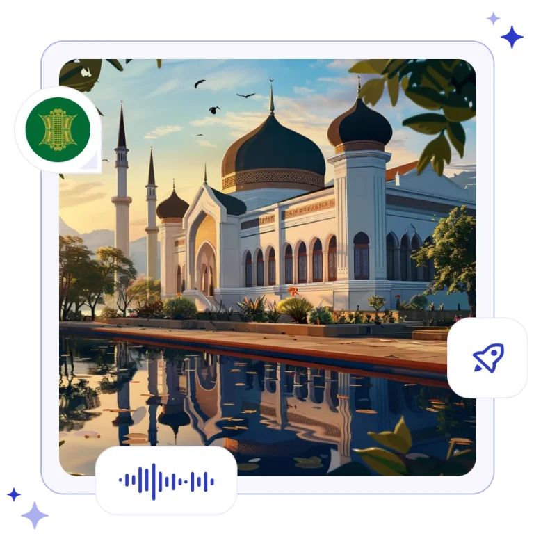 The striking black domes and white minarets of the historic Baiturrahman Grand Mosque reflecting in a pool in Aceh, Indonesia.