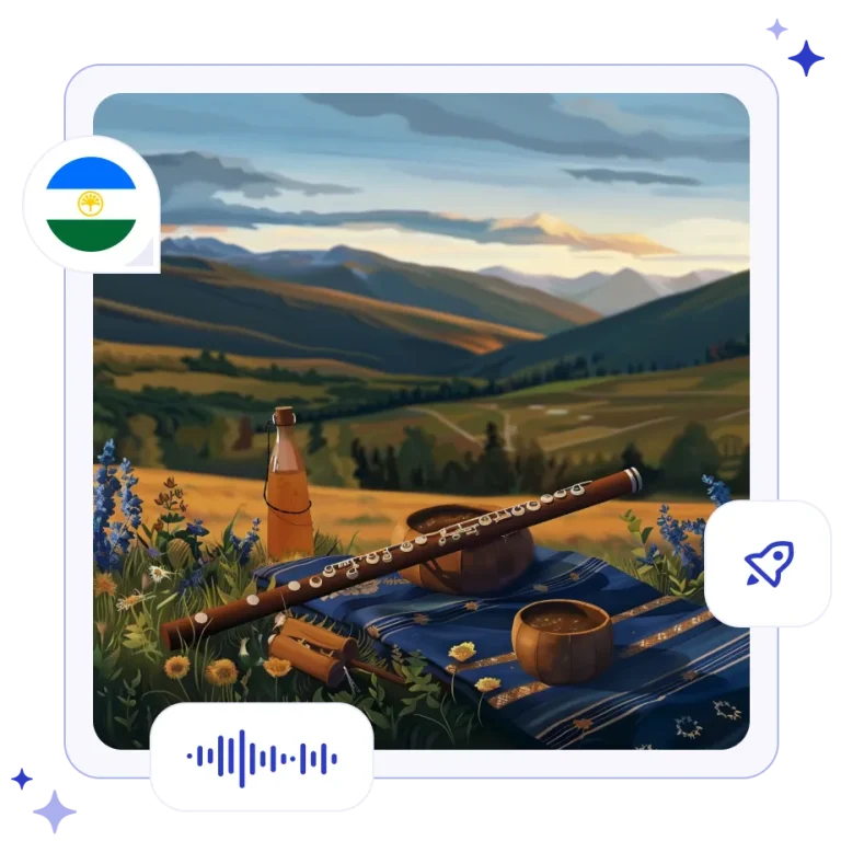A traditional wooden kurai flute, wild honey, and wooden bowls resting on a blue woven textile in the green foothills of the Ural Mountains, featuring the Bashkortostan flag icon.