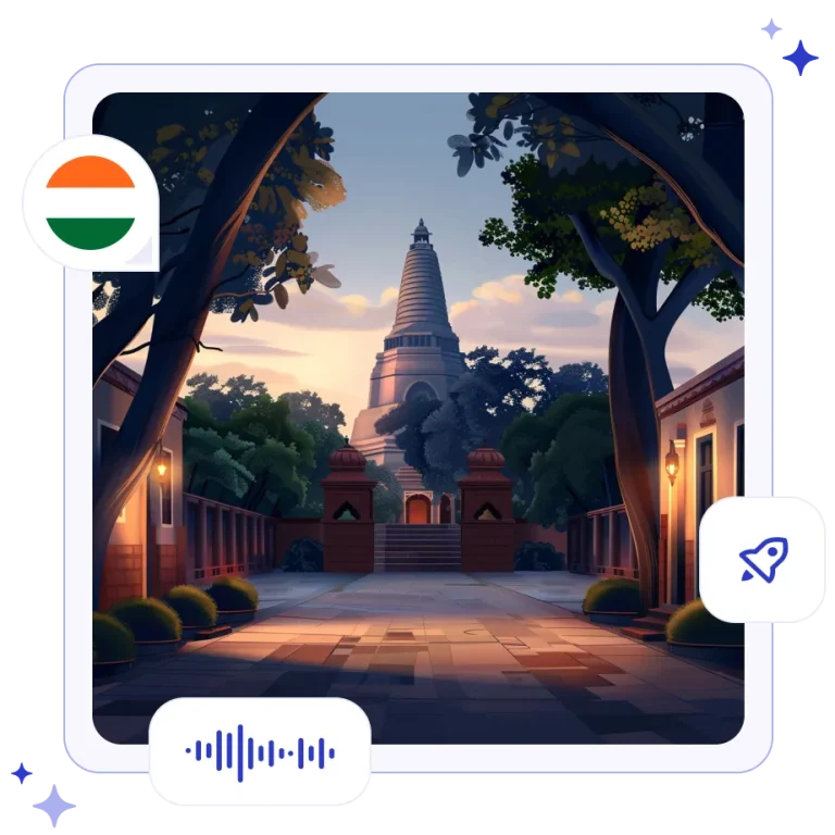 The towering, intricately carved brick pyramid spire of the Mahabodhi Temple glowing beautifully at sunset in Bodh Gaya.