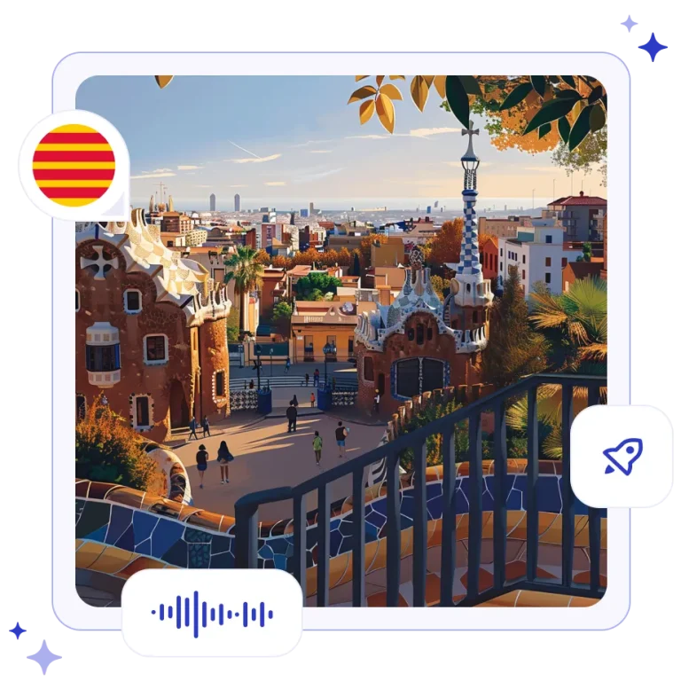 The colorful mosaic terraces of Park Güell overlooking the towering spires of the Sagrada Familia in Barcelona.