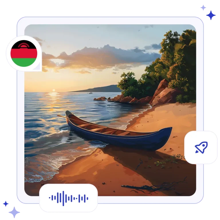 A traditional wooden dugout canoe resting on the sandy shore of Lake Malawi during a vibrant orange and purple sunset.