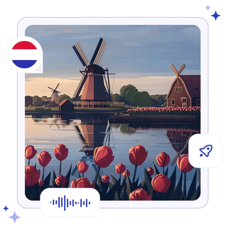 Traditional wooden windmills next to a reflecting canal and a vibrant field of blooming tulips in the Netherlands.