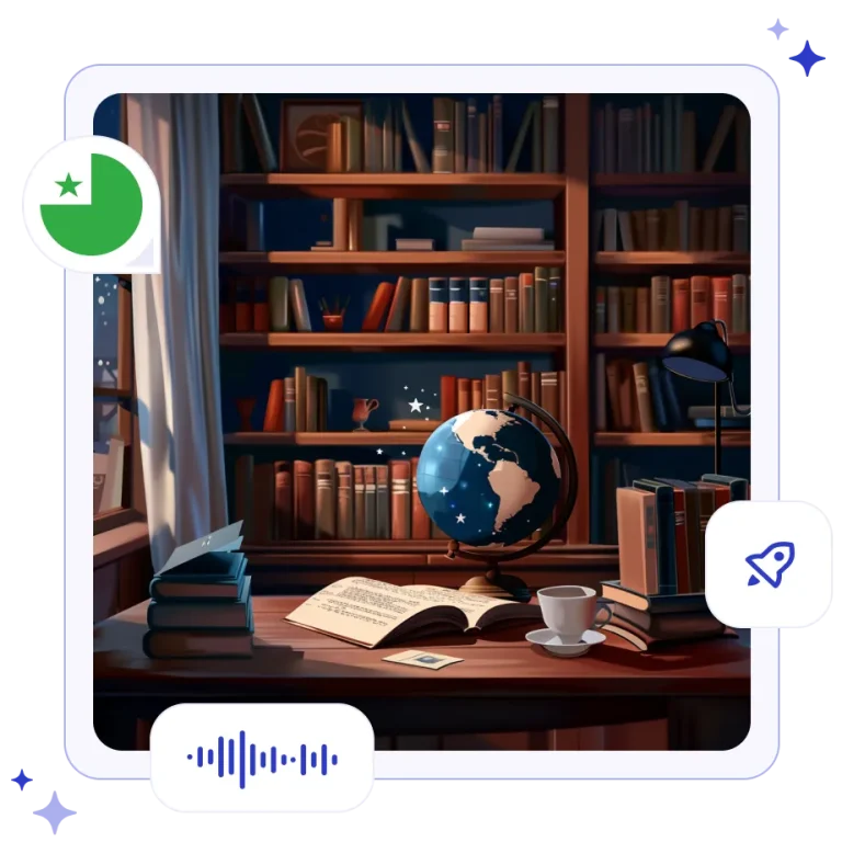 A classic wooden desk featuring a vintage globe, an open dictionary, and an elegant green five-pointed star bookmark.
