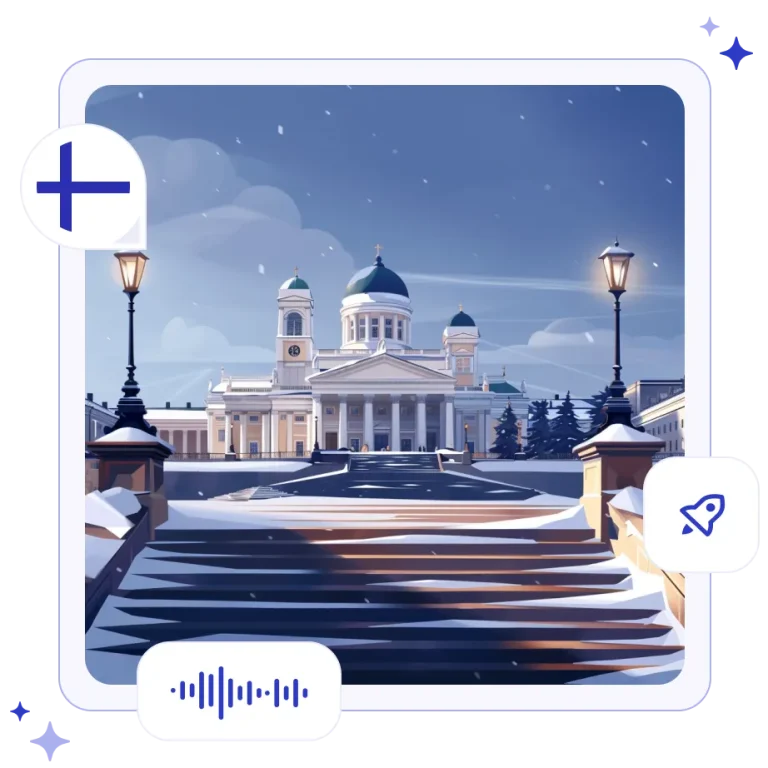 The gleaming white Helsinki Cathedral with green domes rising above the snow-dusted Senate Square in Finland.