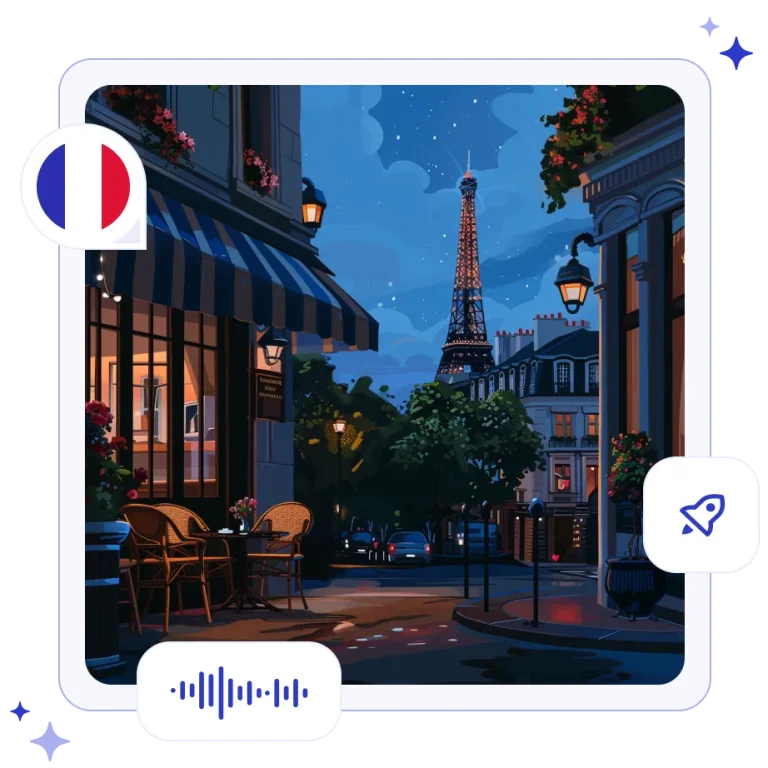 A charming Parisian street scene with an outdoor café leading toward the illuminated Eiffel Tower at twilight.